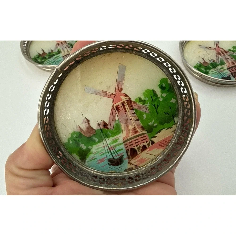 Vintage Porcelain Glass 4 Coasters Hand Painted Windmill Scene Metal Rim